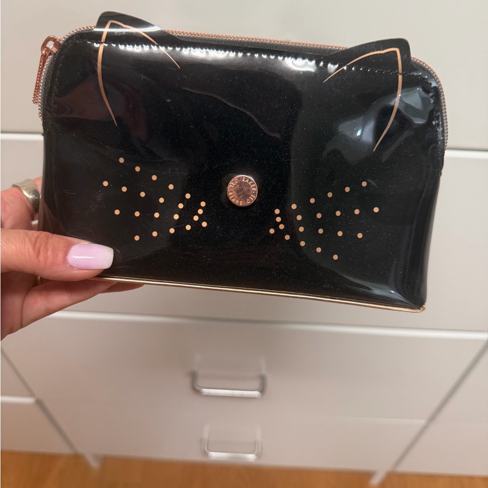 Ted Baker Black Patent Cat Accent Cosmetic Pouch with Rose Gold Detail